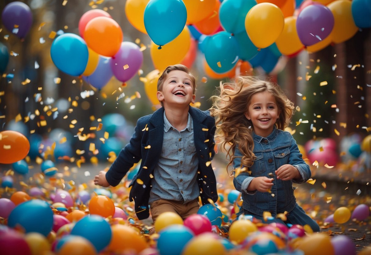 A group of colorful balloons and confetti falling from the sky, with a big "Happy New Year" sign and kids laughing and playing together