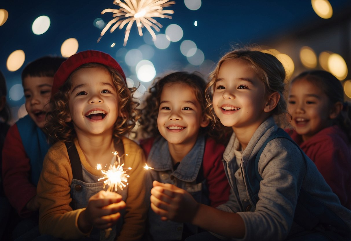 Children laughing, playing games, and watching fireworks at a colorful and festive New Year's celebration