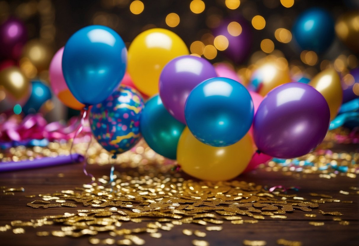 Colorful streamers and balloons fill the room, a table adorned with glitter, markers, and craft paper. A sign reads "DIY Decorations and Supplies" for kid-friendly New Year's festivities