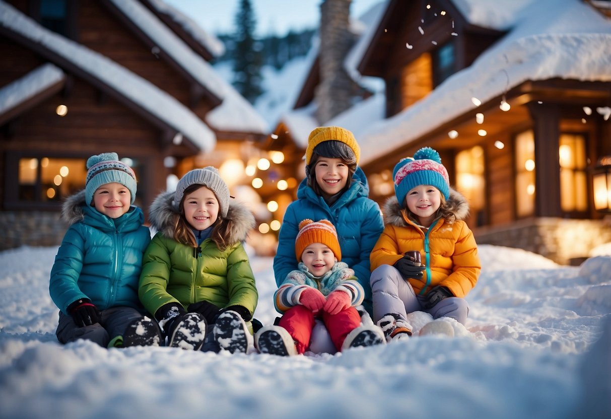 Families skiing and snowboarding in the mountains, building snowmen, and enjoying hot cocoa by a cozy fireplace