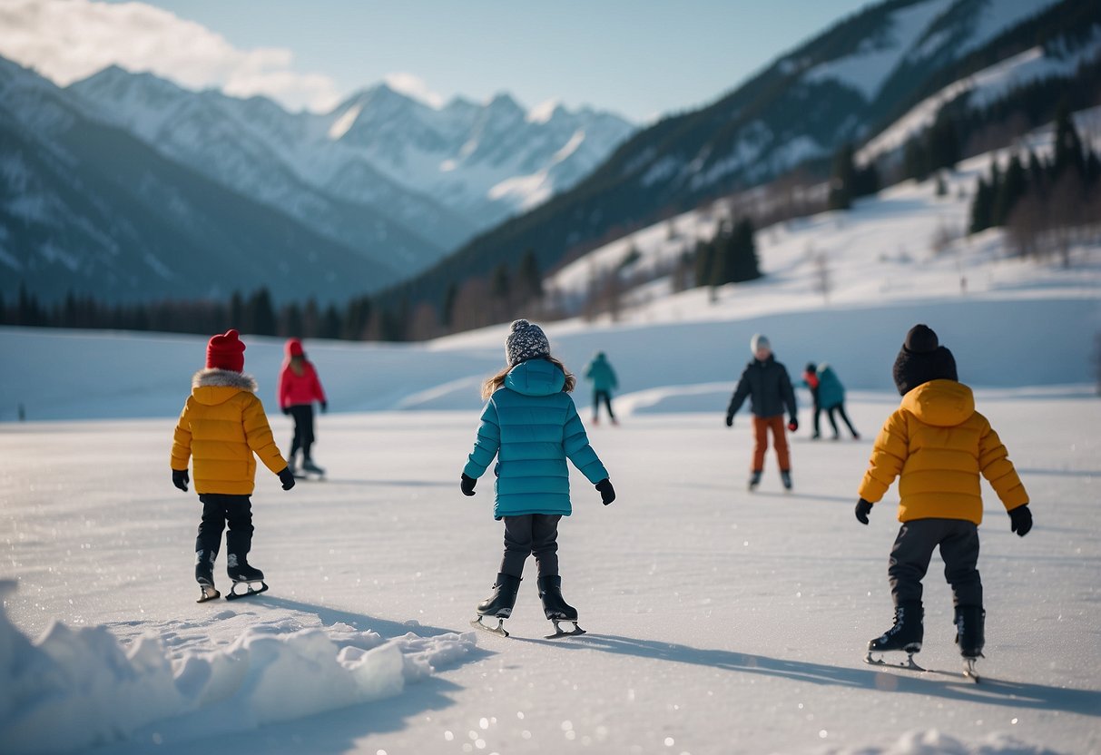 Children ice skate on a frozen pond surrounded by snow-covered mountains, while families build snowmen and go sledding at a nearby winter resort