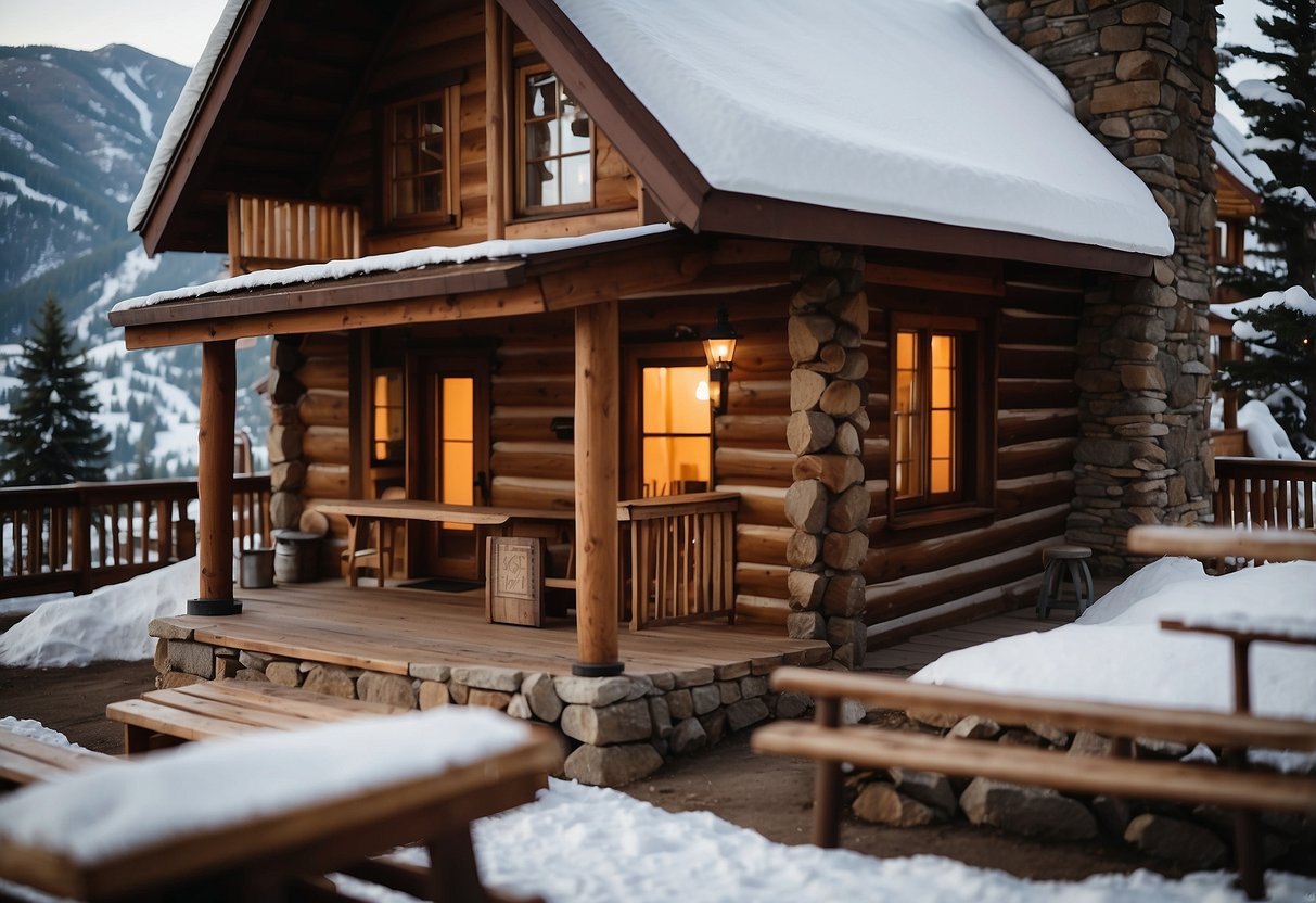 A cozy cabin nestled in snowy mountains, with a warm fireplace, sledding hill, and nearby ski resort