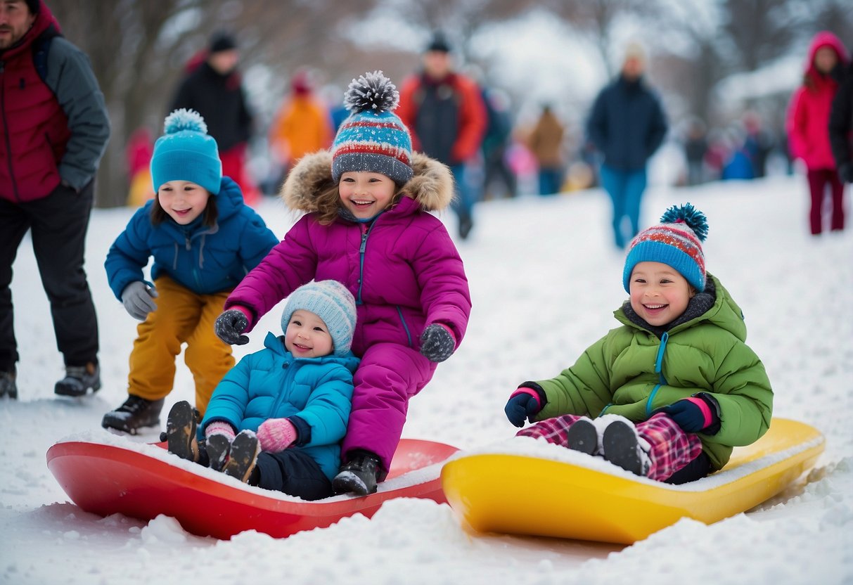 Children sledding down a snowy hill, families building snowmen, and colorful ice sculptures at a winter festival