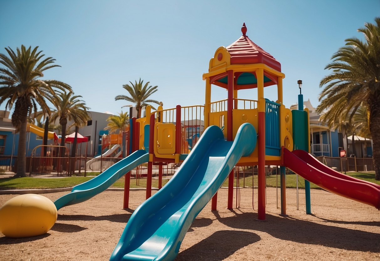 Children playing in a colorful playground with slides, swings, and a sandbox. Families picnicking nearby, with a backdrop of palm trees and a bright blue sky