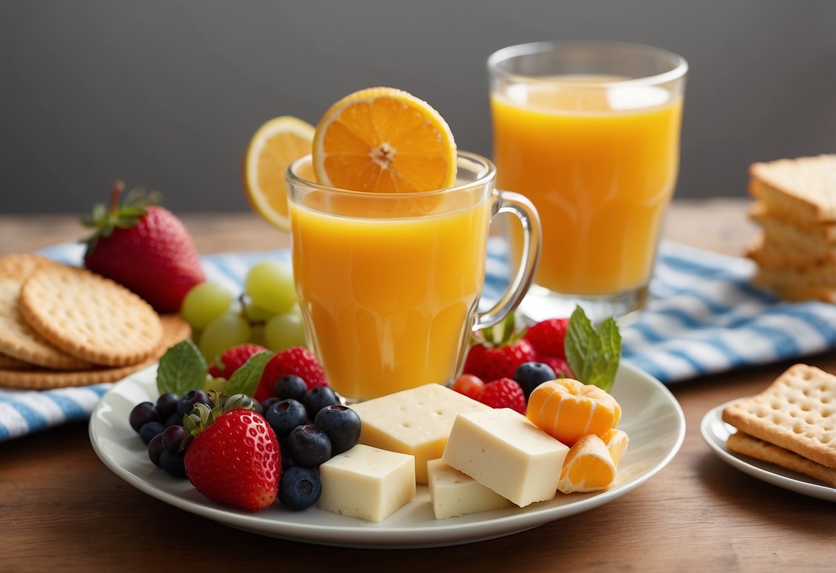 A colorful array of fruit slices, cheese cubes, and crackers arranged on a playful, themed plate. A glass of milk with a striped straw sits nearby