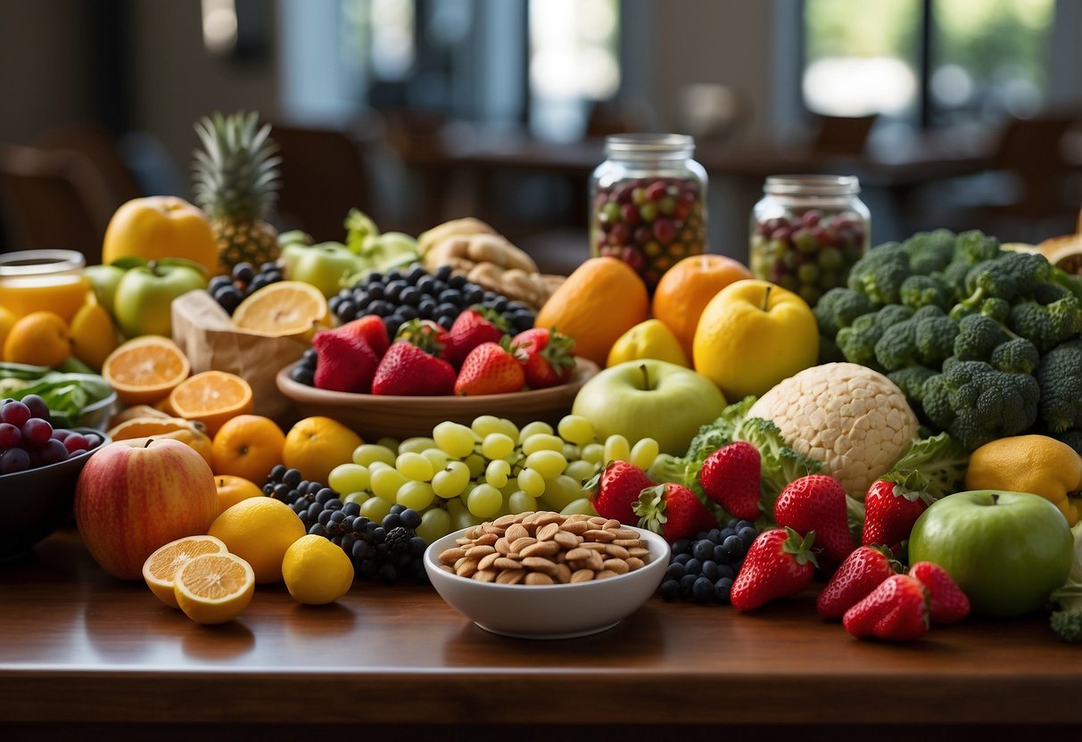 A table filled with colorful fruits, vegetables, and allergen-friendly snacks, with labels indicating dietary considerations