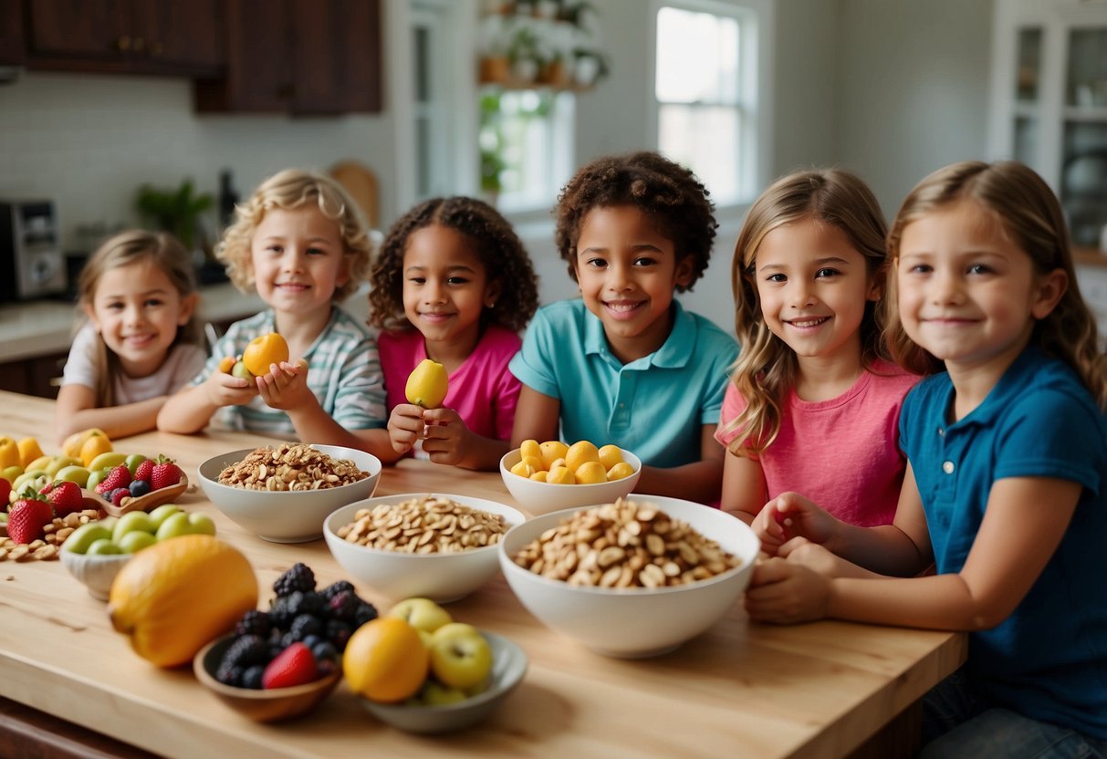 Children gather around a kitchen counter, eagerly grabbing ingredients for simple snacks like fruit kabobs, yogurt parfaits, and DIY trail mix. Bowls of colorful fruits, nuts, and granola are spread out for them to choose from