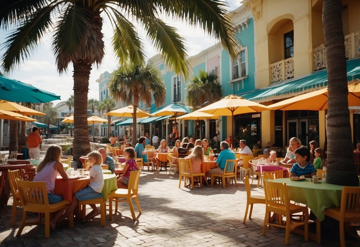 Families dine outside at colorful tables, surrounded by palm trees and cheerful decor, while children play nearby at a kid-friendly restaurant in St. Augustine