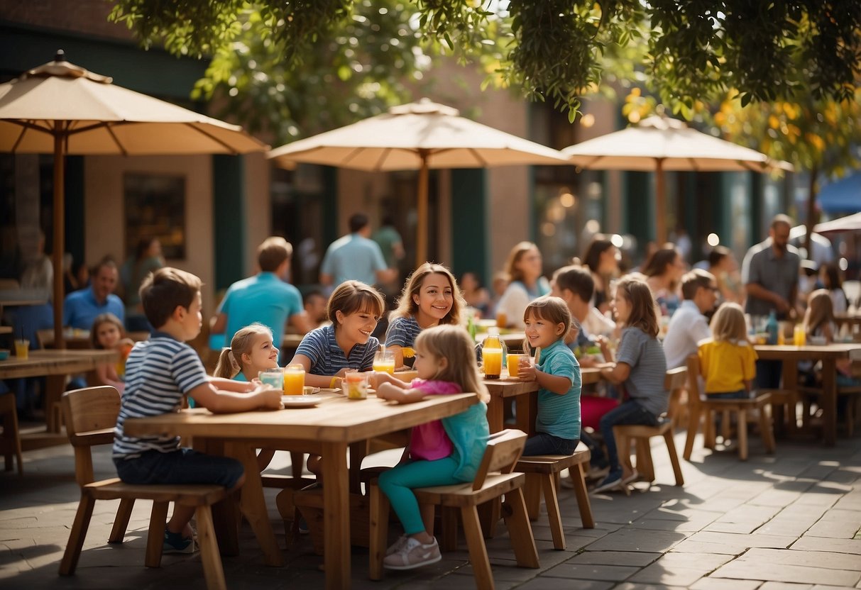 Families dine at outdoor tables, kids play in a designated area, colorful decor and menu boards