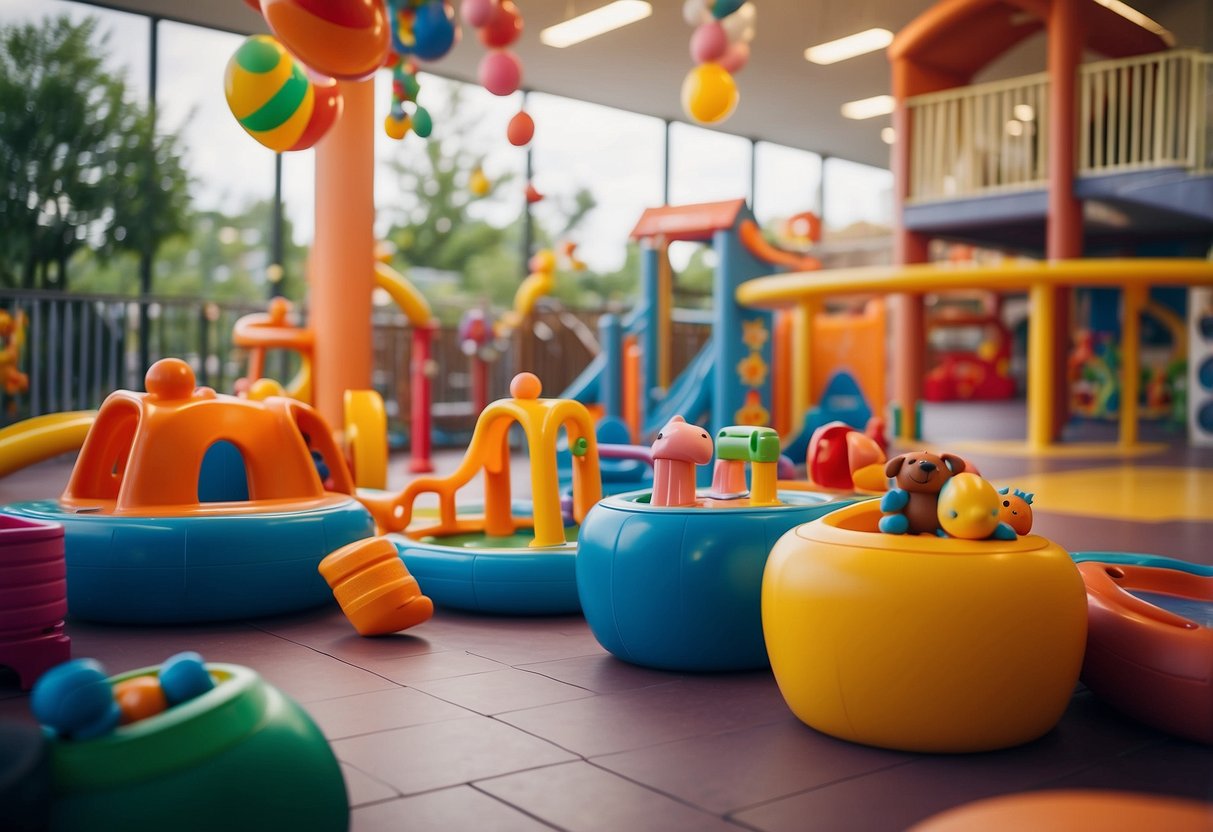 A colorful play area with toys and games, a menu with child-friendly options, and high chairs and booster seats available