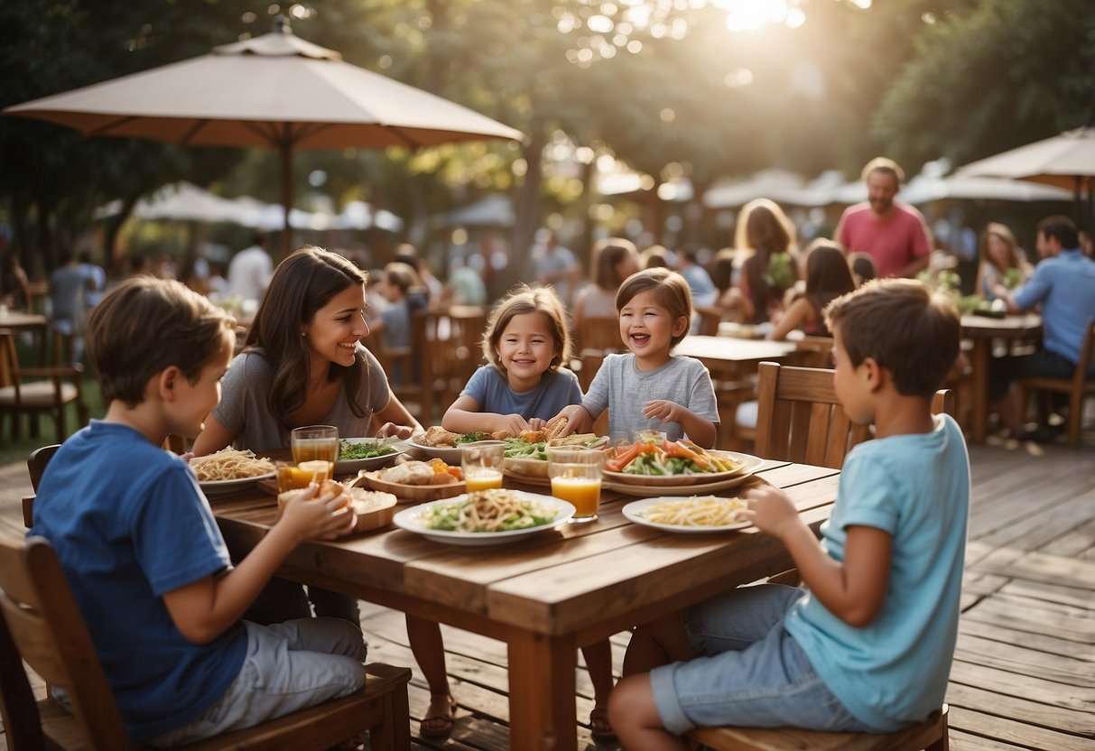 Families enjoying a variety of cuisines at outdoor tables, children laughing and playing, while parents savoring local dishes