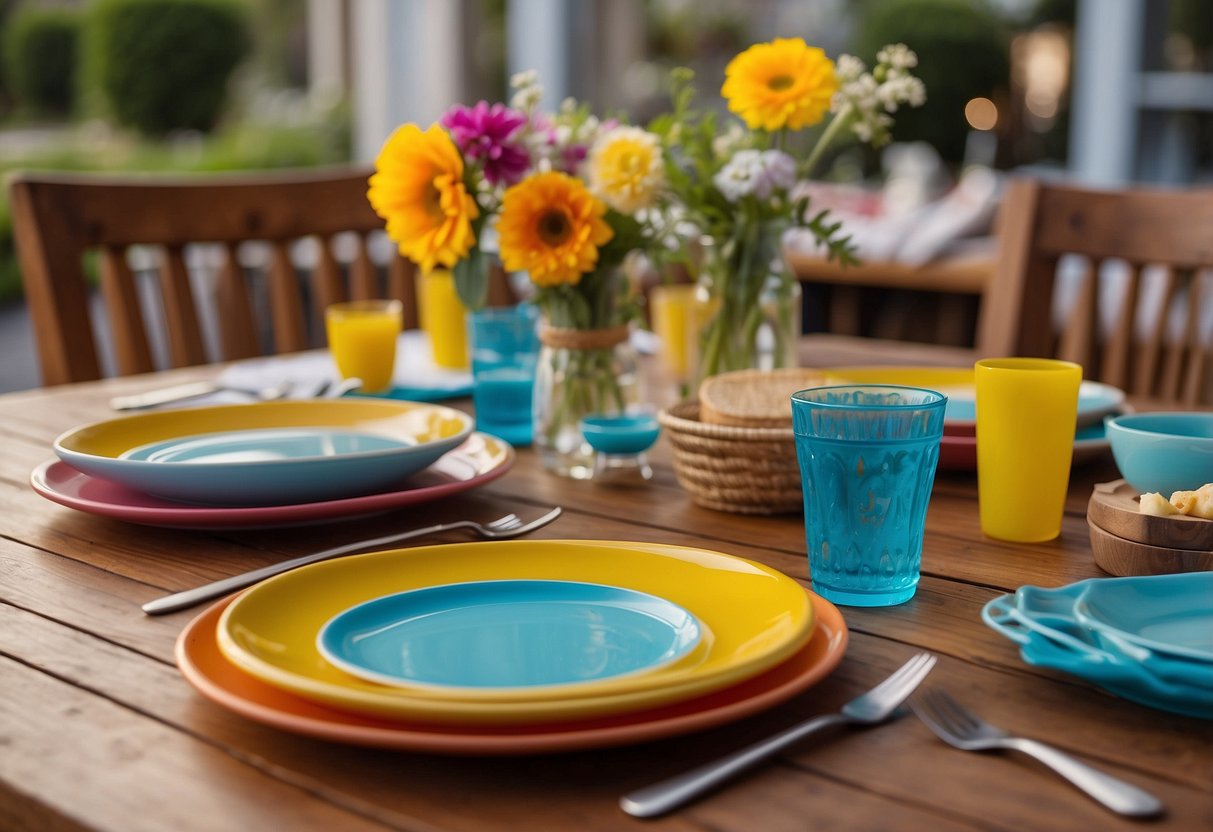 The table is set with colorful plates and utensils, surrounded by cheerful decor and playful seating. A variety of kid-friendly menu options are displayed, along with fun activities and games to keep children entertained during their meal