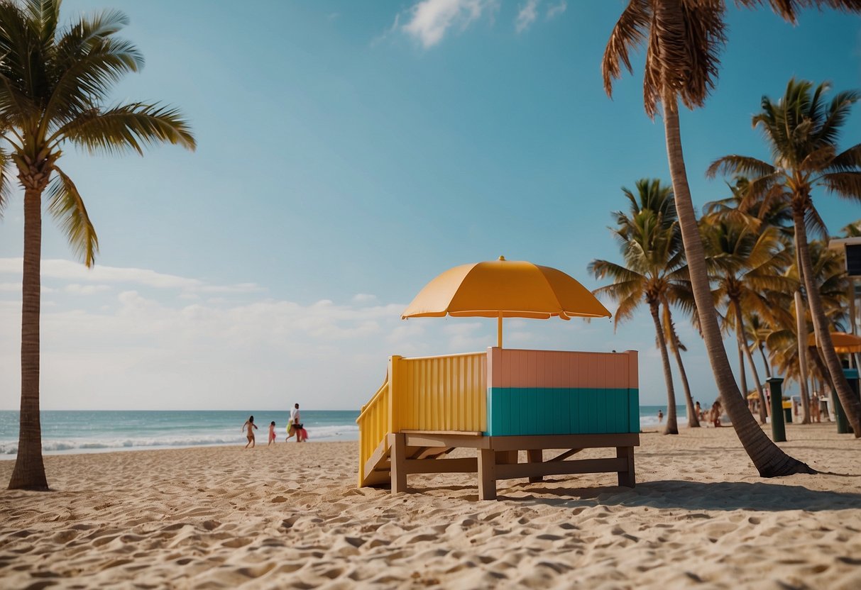 A sandy shore with gentle waves, colorful umbrellas, and families playing. A lifeguard stand and palm trees complete the scene