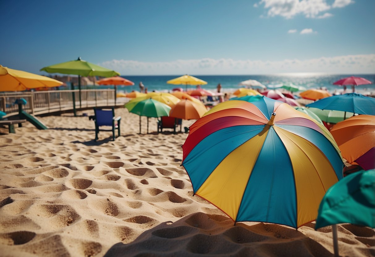 A sandy beach with colorful umbrellas, a playground, and calm waves for kids to play in