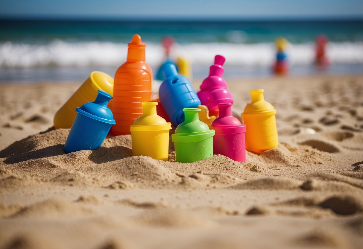 Teens and tots playing in the sand, building sandcastles and splashing in the gentle waves at a kid-friendly beach. Colorful beach toys scattered around the shoreline