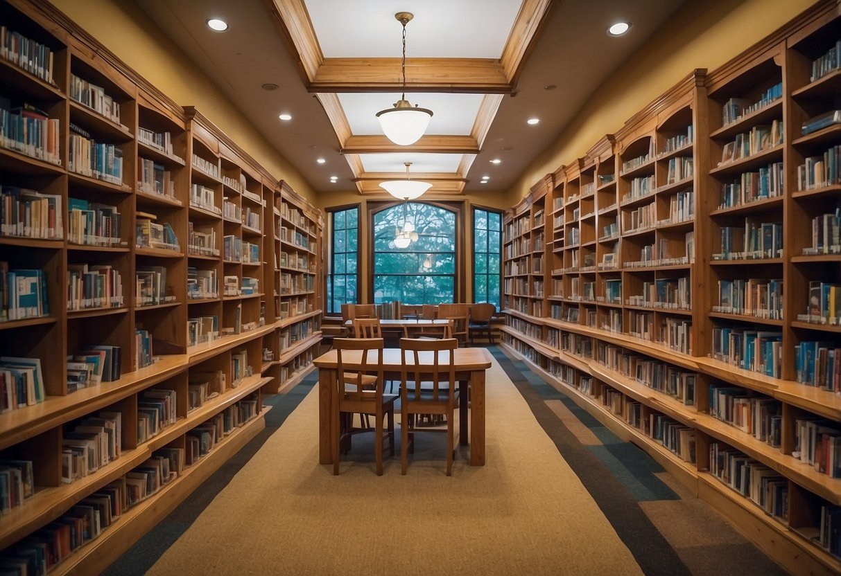 A colorful library filled with shelves of kid-friendly books, with cozy reading nooks and playful illustrations adorning the walls