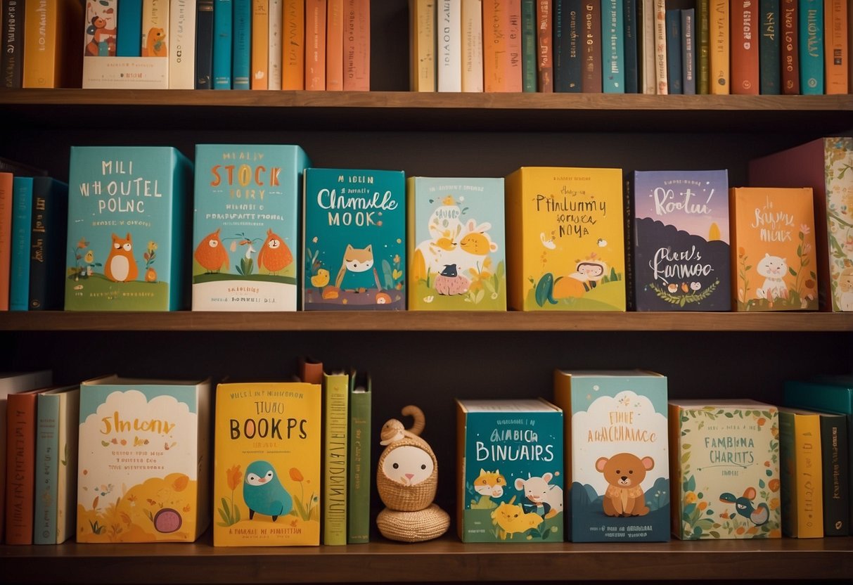 Colorful book covers line the shelves, featuring whimsical characters and playful designs. A cozy reading nook beckons with soft cushions and a bright, inviting atmosphere