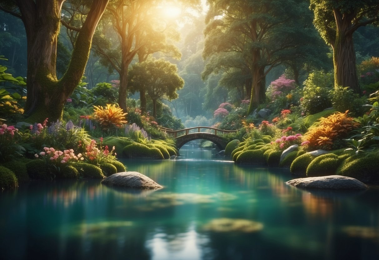 A colorful, whimsical world filled with talking animals and magical creatures, set in a lush forest with a sparkling river running through it