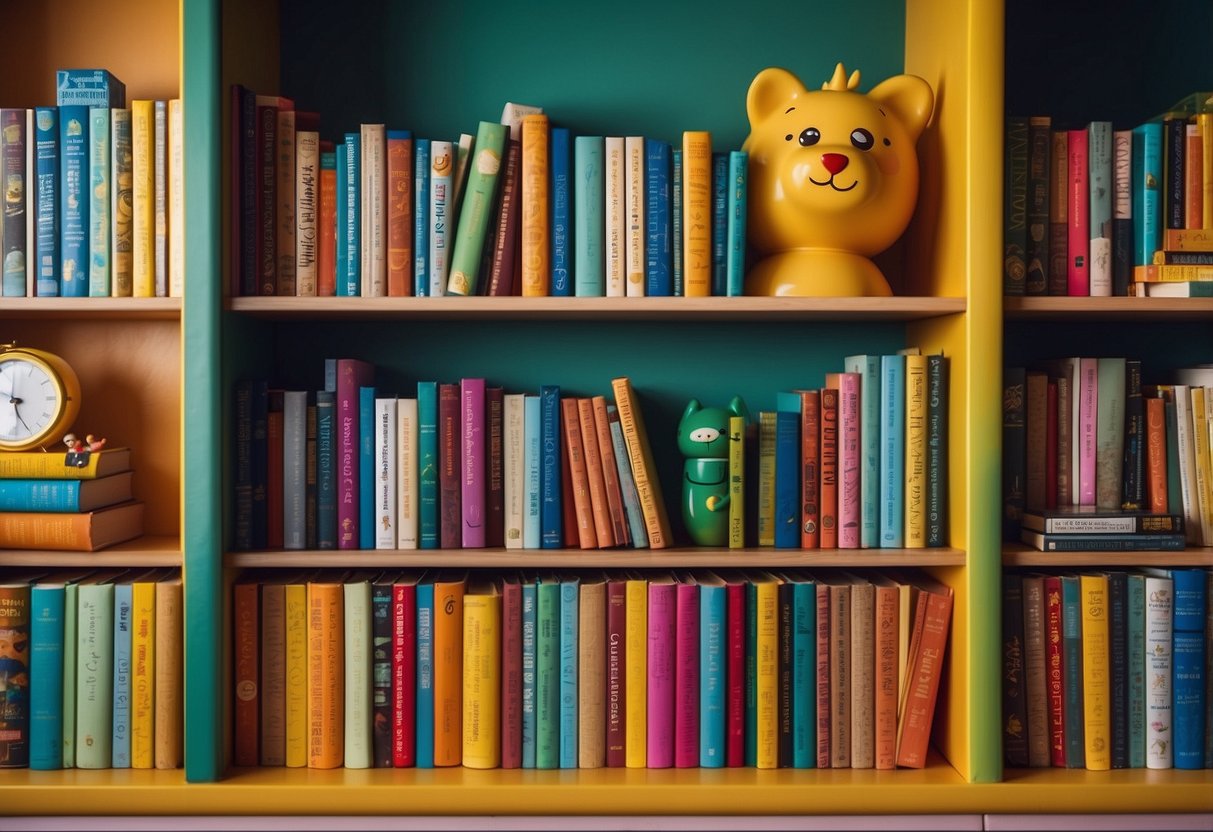 A colorful bookshelf filled with diverse and vibrant children's books, surrounded by cozy reading nooks and cheerful reading accessories