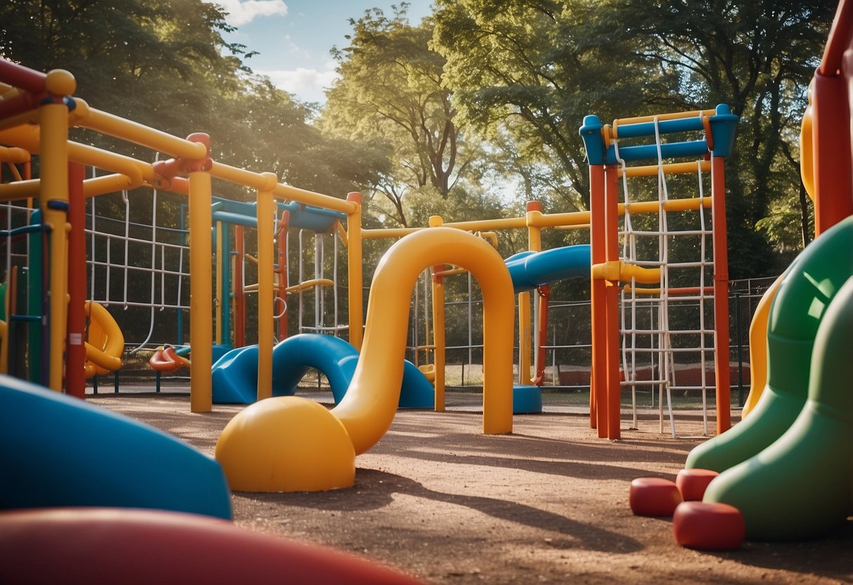 Children playing in a colorful outdoor playground with various physical activity stations, such as a climbing wall, balance beams, and a mini obstacle course