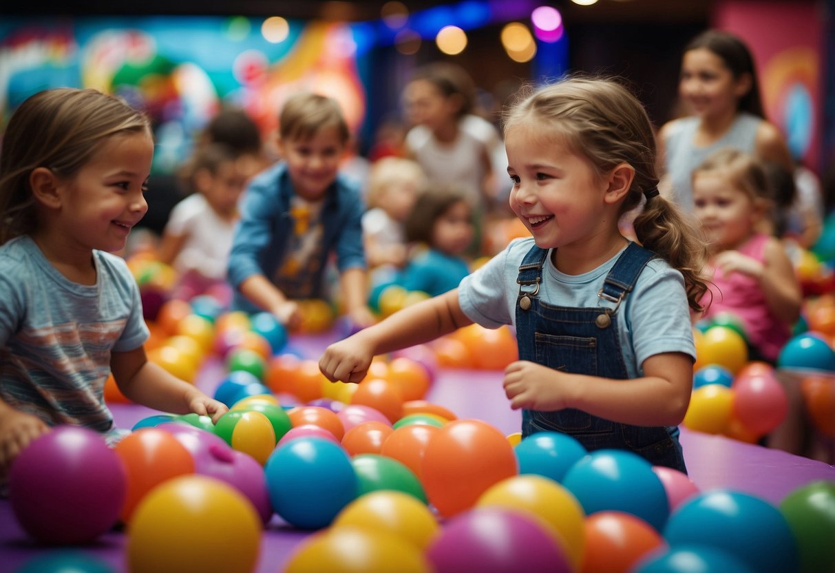 Children playing in a colorful, interactive event space with games, crafts, and activities. A lively atmosphere with laughter and excitement