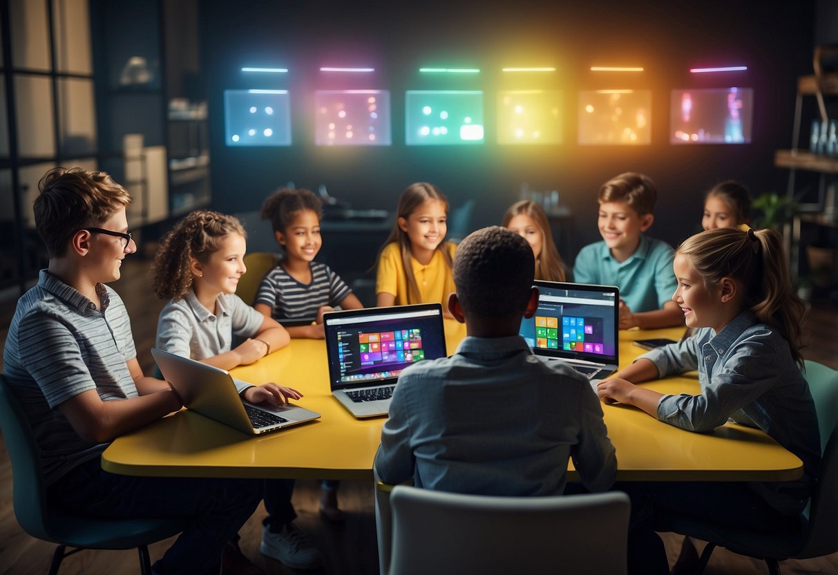 A group of children brainstorming and sharing ideas for online businesses, surrounded by laptops, tablets, and colorful business materials