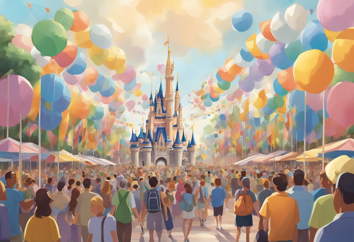 The Disney pinnacle stands tall, with colorful flags fluttering in the breeze, surrounded by a bustling crowd of cheerful visitors