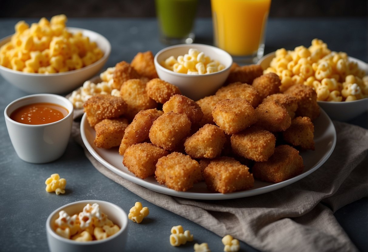 A table set with colorful plates of chicken nuggets, mac and cheese, and fruit skewers. A bowl of popcorn and cups of juice complete the kid-friendly movie night dinner scene