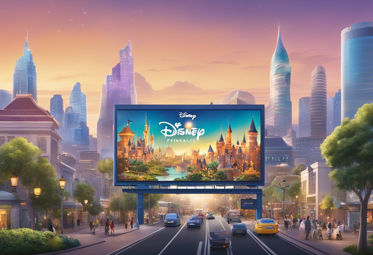 Disney Pinnacle's logo displayed on a digital billboard with a bustling cityscape in the background