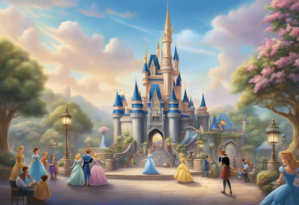 The iconic Cinderella Castle stands tall in the center of the bustling Creative Cornerstones Disney Pinnacle, surrounded by beloved characters and enchanting attractions