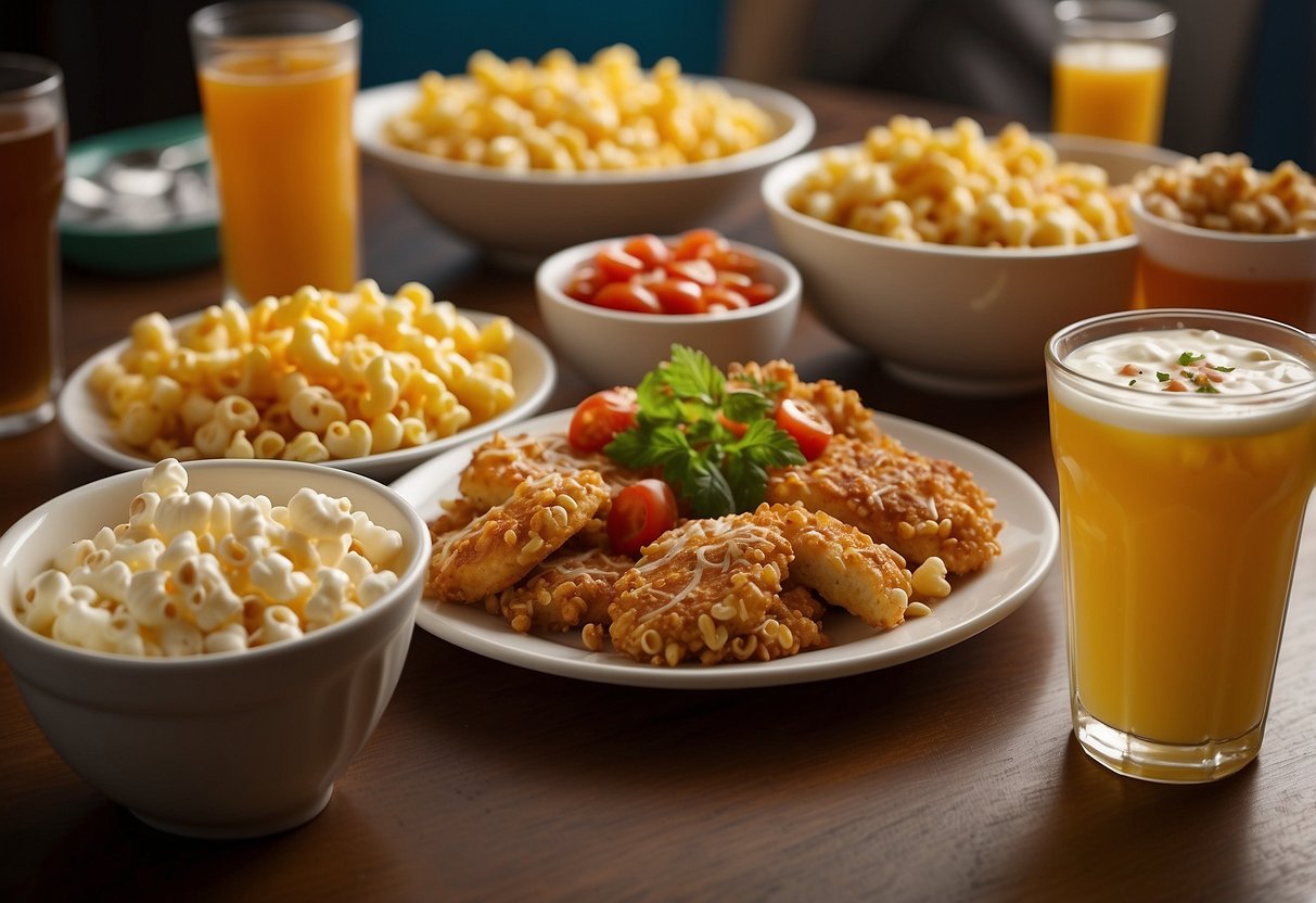 A table set with colorful, kid-friendly main courses like mini pizzas, chicken tenders, and macaroni and cheese. Popcorn and soda on the side