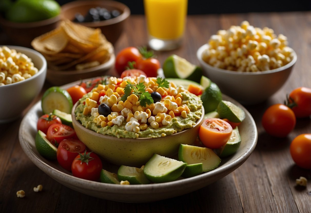 A table set with colorful, nutritious options like veggie sticks, fruit skewers, and whole grain popcorn. A bowl of homemade guacamole and hummus sits alongside for dipping