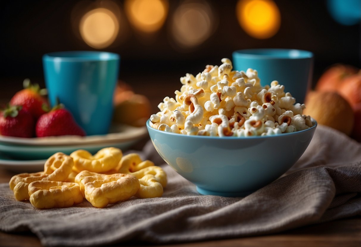 Colorful bowls of popcorn, pretzels, and fruit slices sit on a table next to a stack of kid-friendly movies. A cozy blanket and pillows are arranged on the floor for a fun movie night