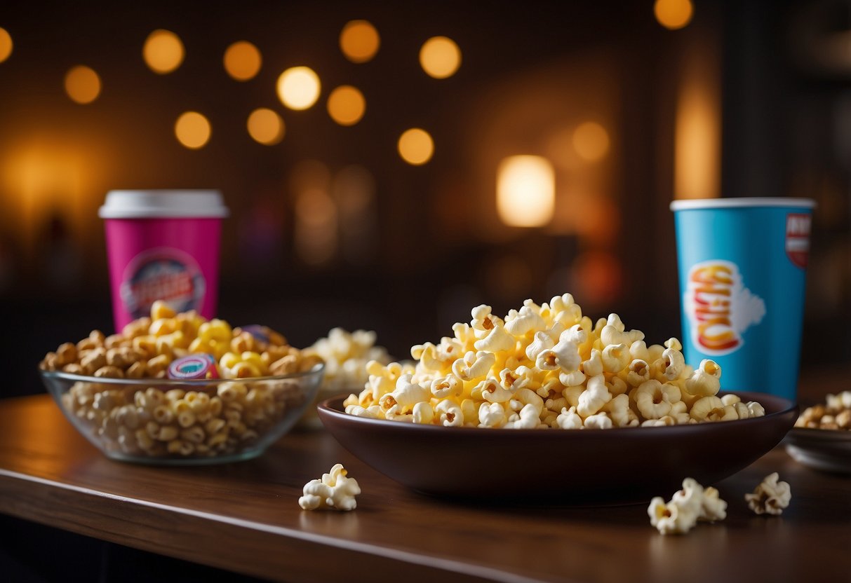 A variety of colorful, packaged snacks arranged on a table with a bowl of popcorn and a stack of movie DVDs in the background