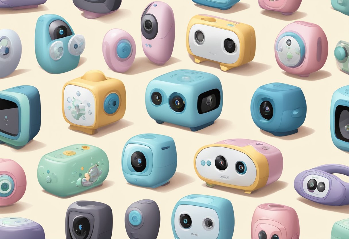 A variety of baby monitors displayed with different features and price points, surrounded by parents with puzzled expressions