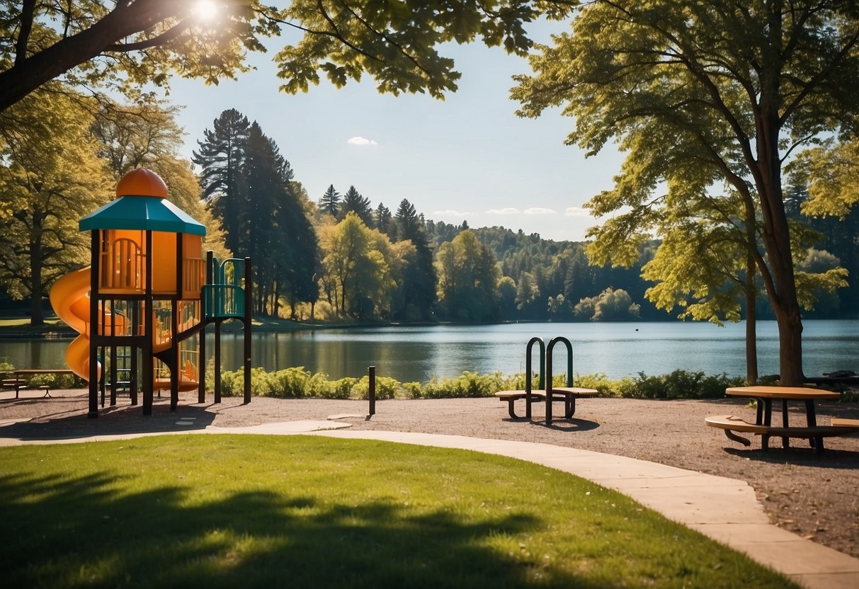 A colorful playground sits next to a picnic area with family-friendly amenities, surrounded by towering trees and a serene lake in the background