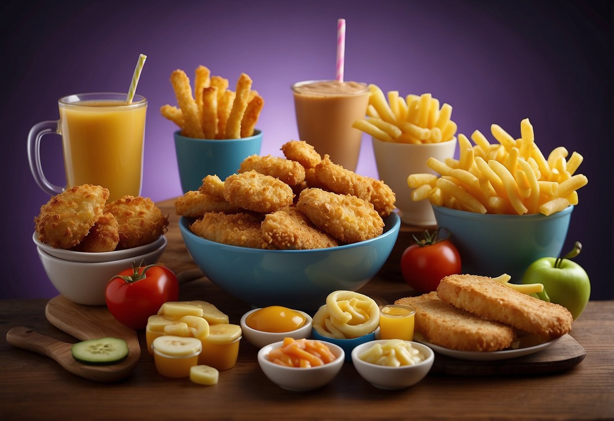 A colorful menu with cartoon characters and playful fonts, featuring a variety of child-friendly dishes like chicken tenders, mac and cheese, and mini burgers