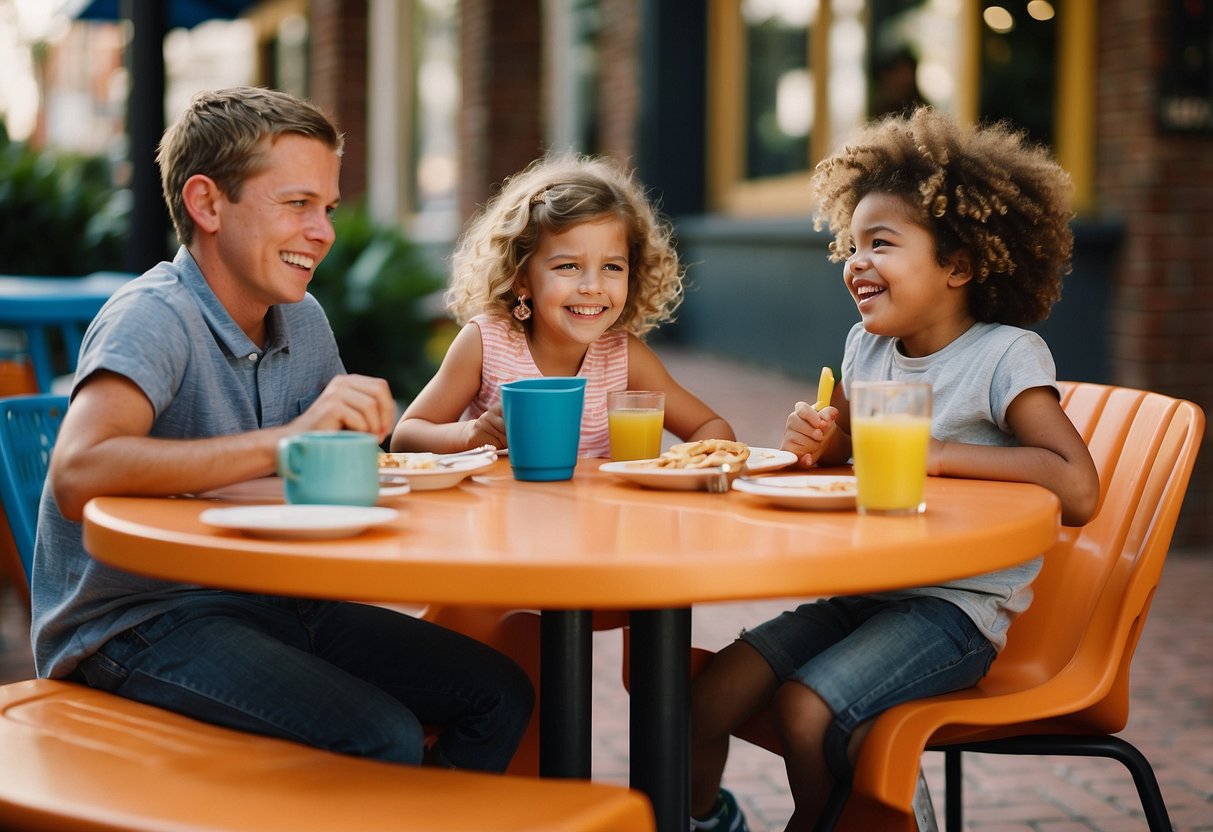 A family of four sits around a colorful table at a kid-friendly restaurant in Charlotte, NC. The children are laughing and enjoying their meals while the parents chat and sip on drinks