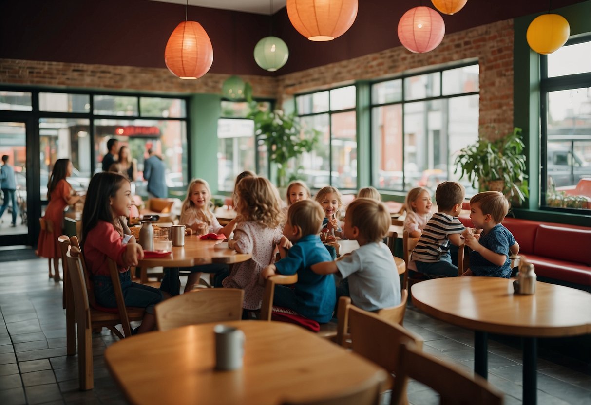 A colorful and vibrant restaurant filled with happy children playing and enjoying their meals, while parents chat and relax in a cozy atmosphere