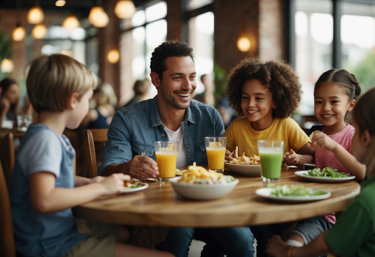 Families gather at colorful tables in a bustling Columbus restaurant. Smiling children enjoy kid-friendly meals while parents chat and sip on drinks