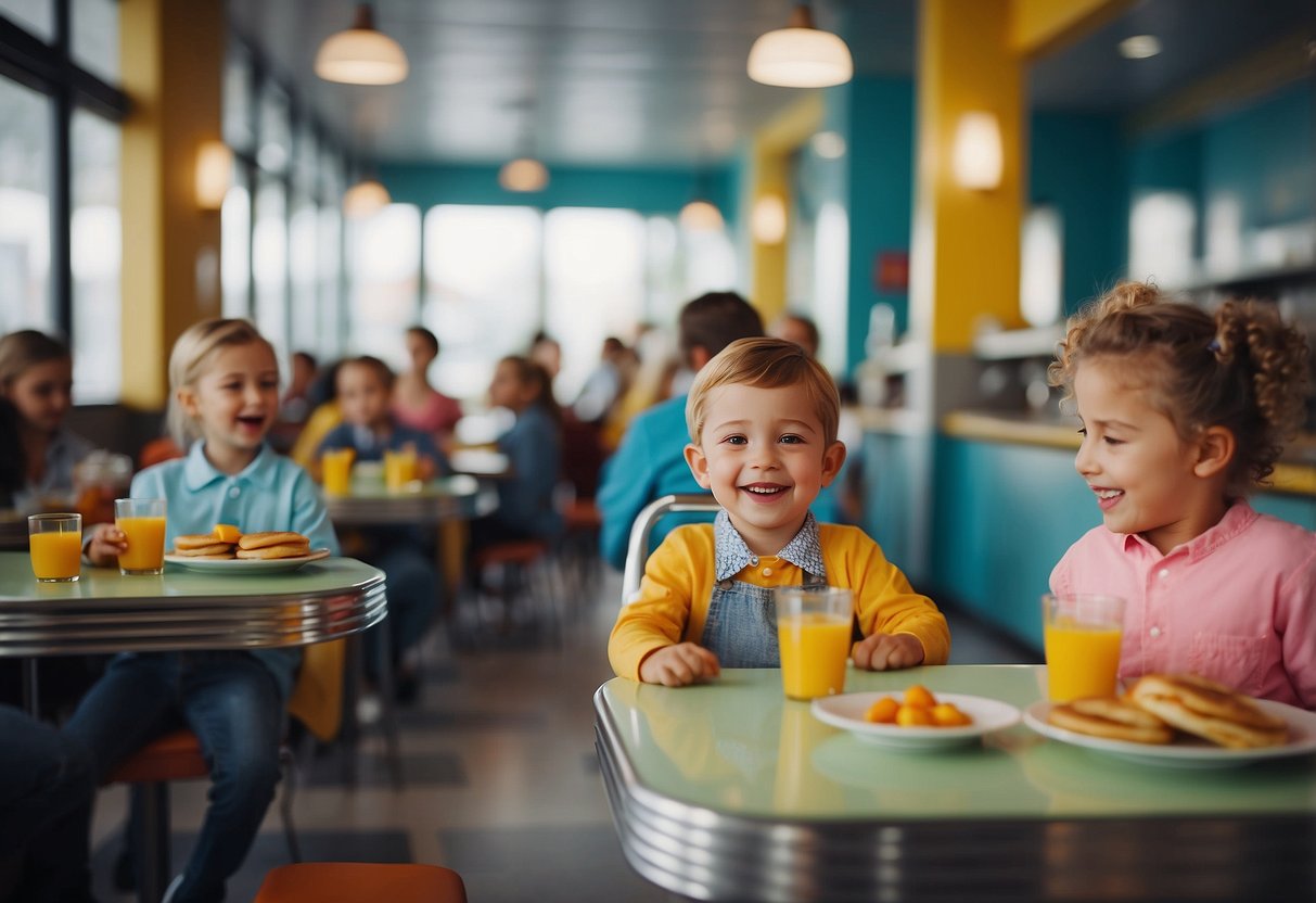 A cheerful diner with colorful decor, serving breakfast to families. Tables are filled with happy kids and parents enjoying pancakes and eggs