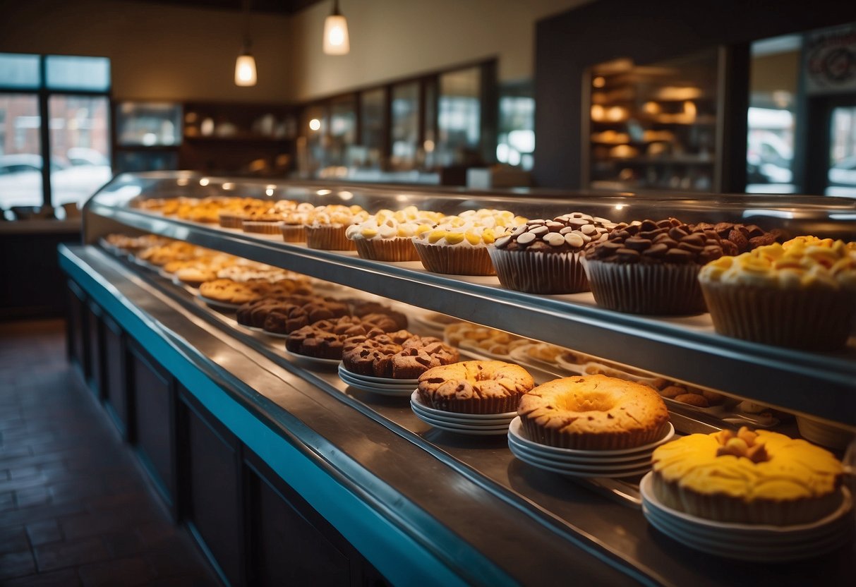 Colorful bakery display filled with sweet treats, cakes, and pastries. Children happily choosing their favorite desserts in a cozy, kid-friendly restaurant in Columbus, Ohio