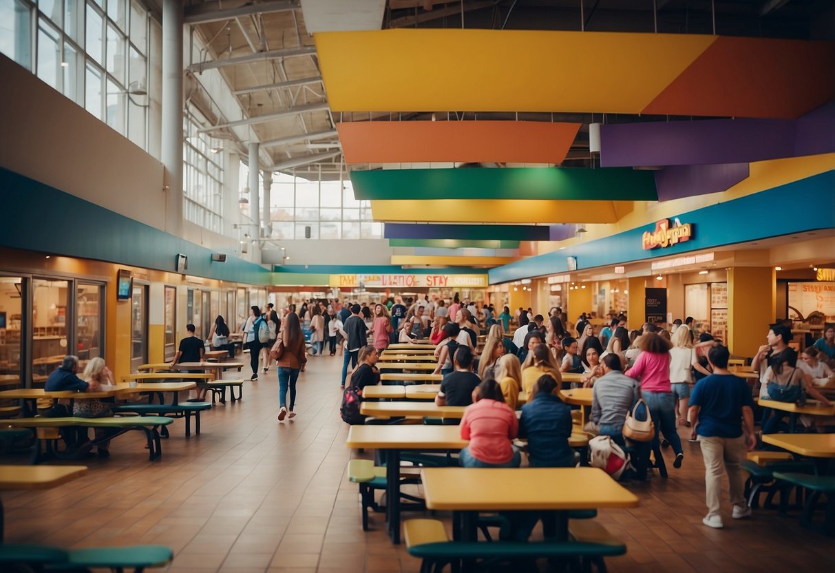 A bustling food court with colorful signage, families enjoying meals at picnic tables, and a play area for kids in the corner