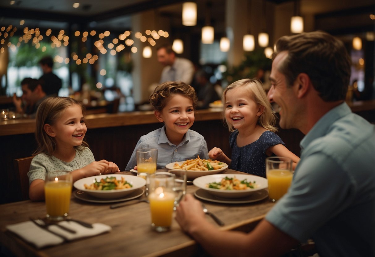 Families enjoy upscale dining at kid-friendly restaurants in Columbus, Ohio. The evening scene is filled with laughter and delicious food