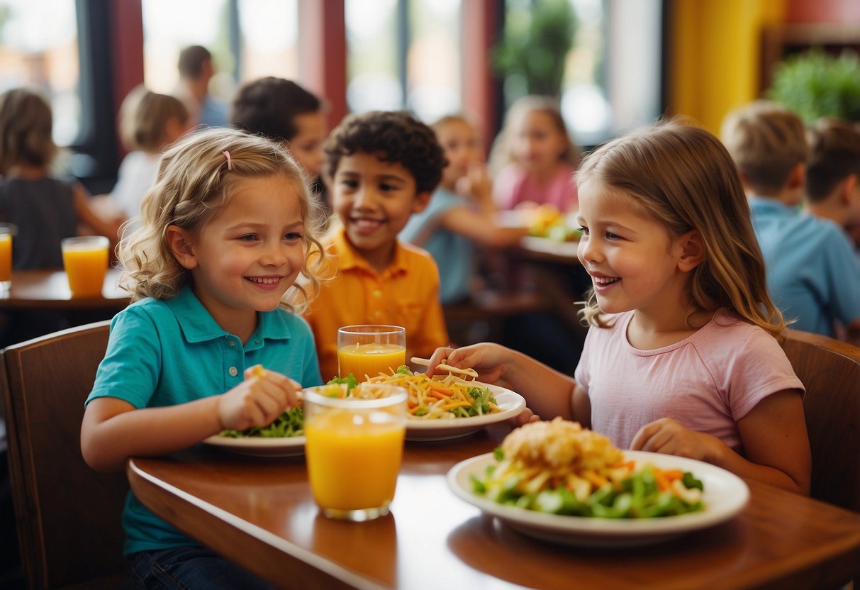 Children happily eating colorful, nutritious meals at a vibrant, family-friendly restaurant in Columbus, Ohio. Menu options cater to dietary needs and promote healthy eating