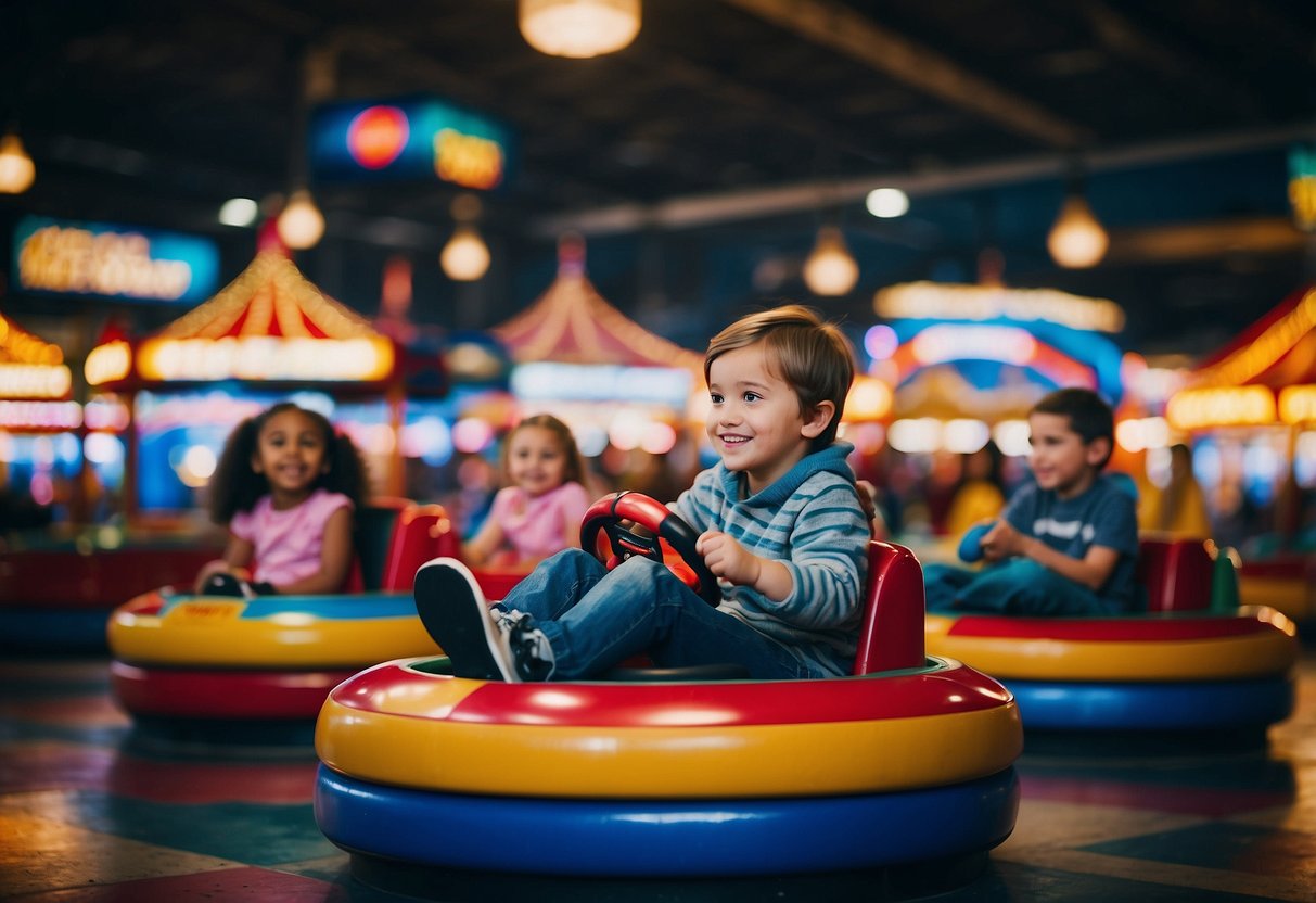 Children playing arcade games, riding bumper cars, and enjoying colorful carousel at an indoor amusement center in Cleveland, Ohio