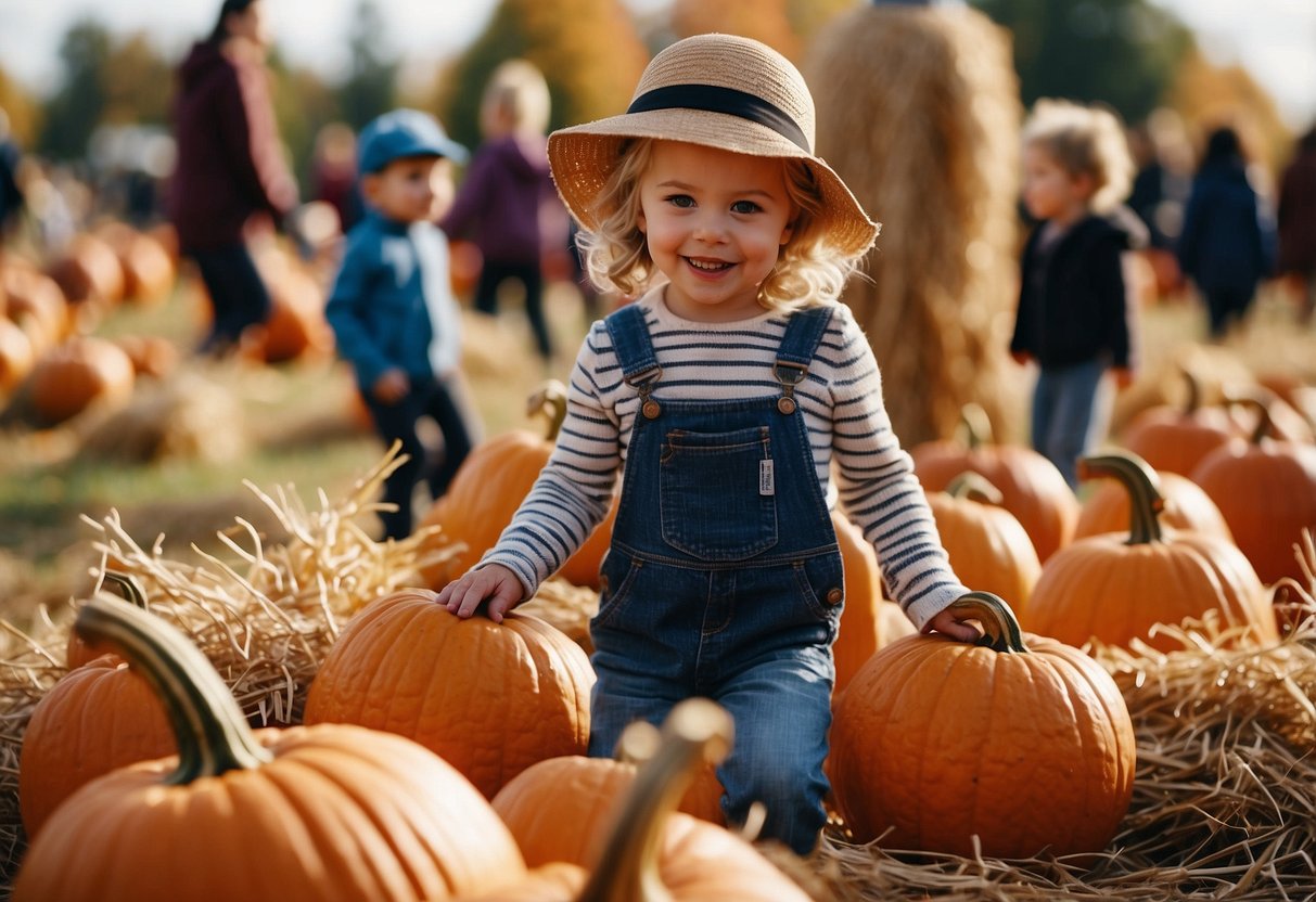 Children playing in a colorful pumpkin patch, surrounded by hay bales, scarecrows, and autumn foliage. Nearby, families enjoy a hayride and sip hot apple cider at a festive fall event