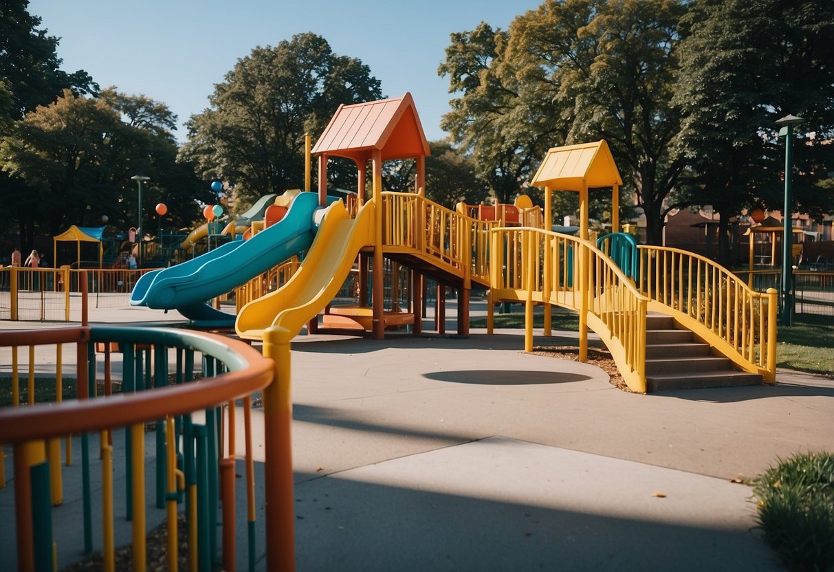 A colorful playground with ramps and wide pathways, surrounded by family-friendly attractions and accommodations in Cleveland, Ohio