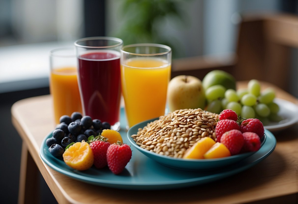 A colorful plate with small portions of soft fruits, veggies, and grains. A sippy cup of water sits next to the plate on a high chair tray