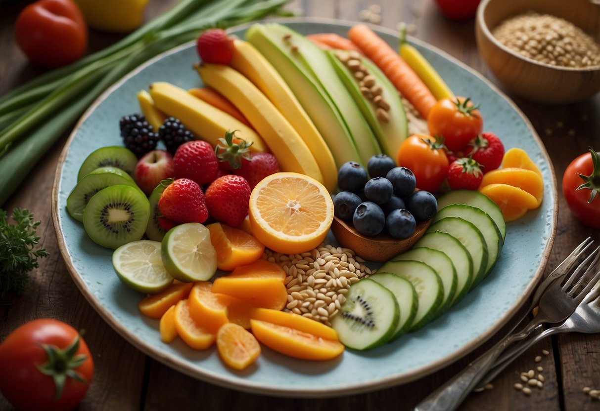 A colorful plate with small portions of fruits, vegetables, and grains, surrounded by happy and playful animal-themed dishes and utensils